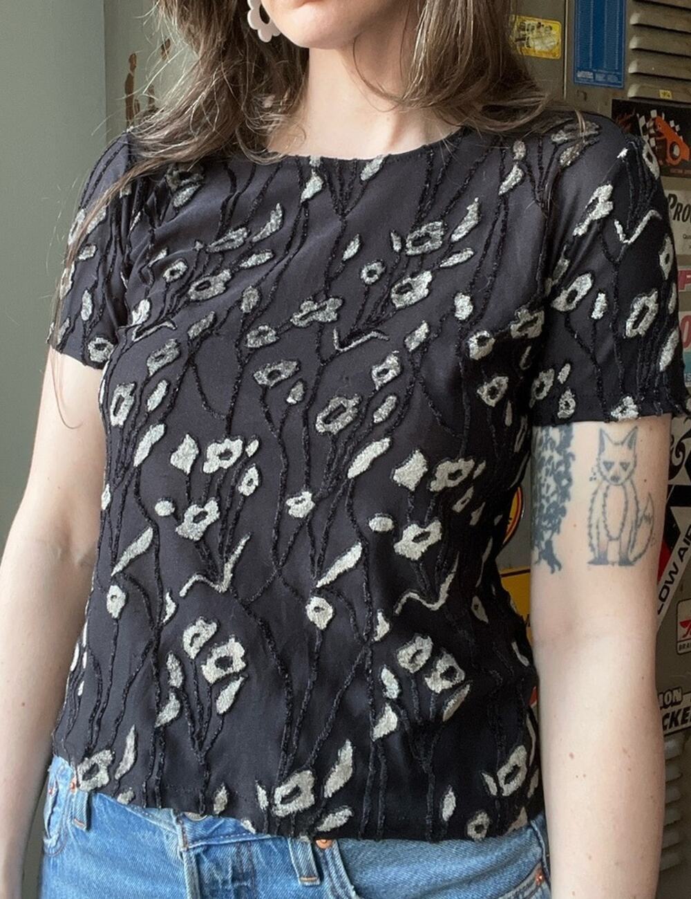 Vintage 90s Black Burnout Floral Top | Sheer Velvet Short Sleeve | M